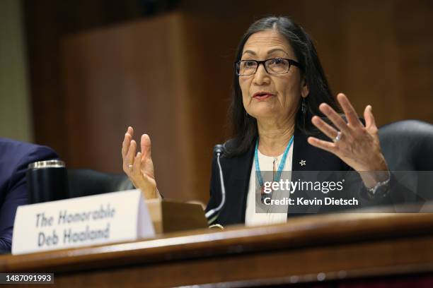Interior Secretary Deb Haaland testifies during a Senate Energy and Natural Resources hearing on May 02, 2023 in Washington, DC. The committee held...