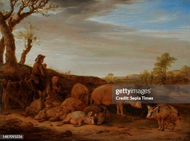 Landscape with a Herd of Pigs, The Swineherd Conversing with Another Man Paulus Potter, Dutch, 1625–1654, 18 1/4 × 24 5/8 in. 26 7/8 × 33 1/4 × 2 in....