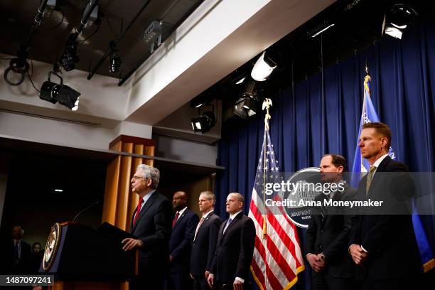 Attorney General Merrick Garland speaks at a news conference at the U.S. Department of Justice on May 02, 2023 in Washington, DC. Garland updated...