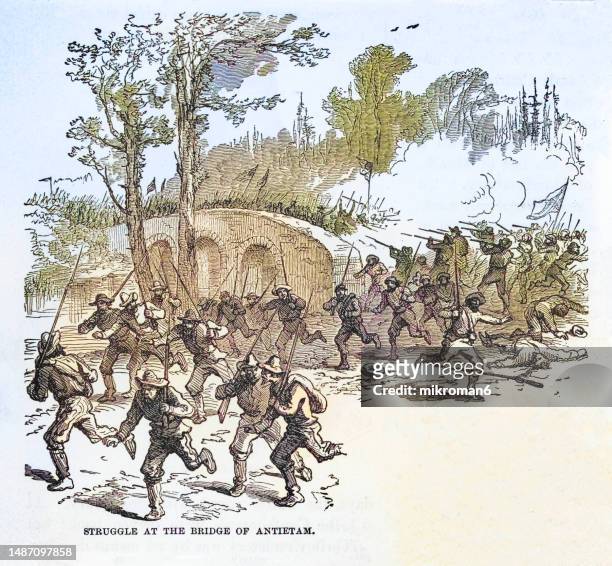 old engraved illustration of struggle at the bridge of antietam during the american civil war - アンティータム国立古戦場 ストックフォトと画像
