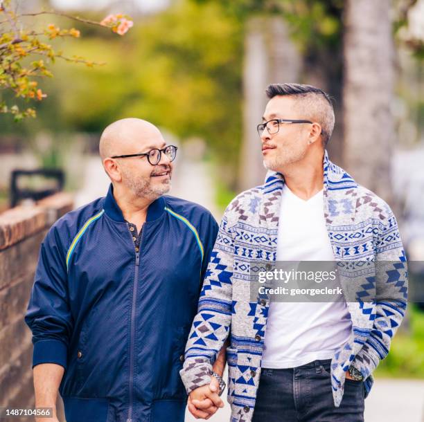 walking together in the neighbourhood - gay couple stock pictures, royalty-free photos & images