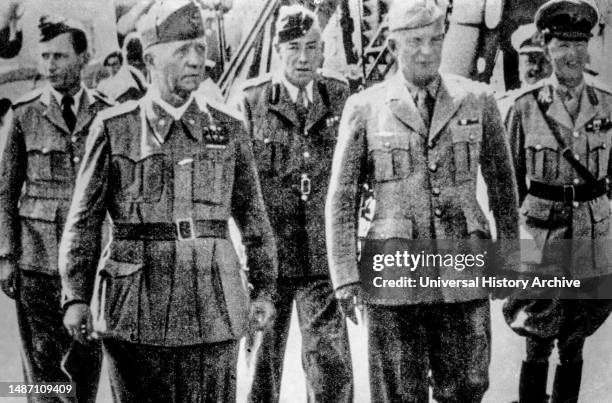 Pietro badoglio with the commander eisenhower for the signature of the armistice and the entry into the war of italy against germany, with their lord...