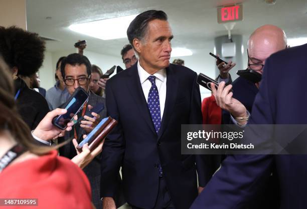 Sen. Mitt Romney talks to reporters at the U.S. Capitol on May 02, 2023 in Washington, DC. Congress is working to increase the debt limit after...