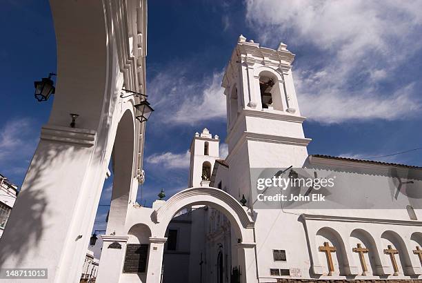 flying buttresses and tower of iglesia san francisco. - sucre stock pictures, royalty-free photos & images