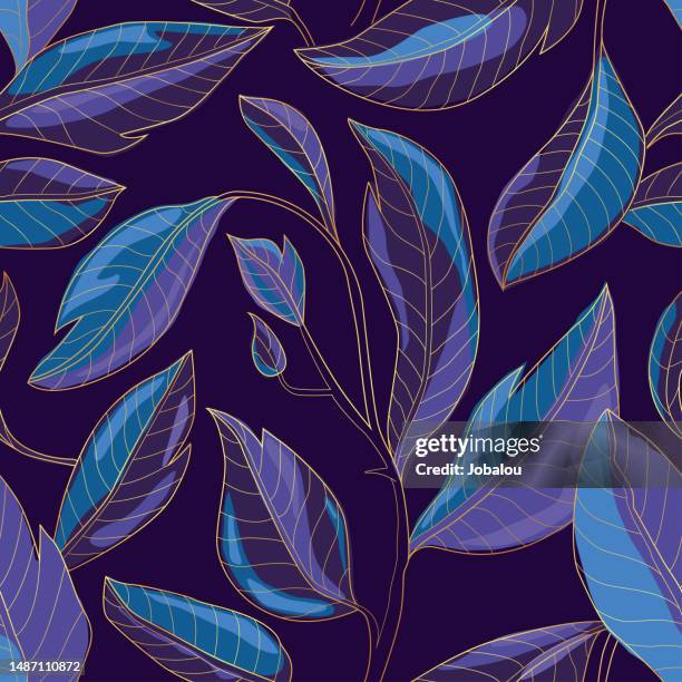 seamless background luxury golden line leaves nature pattern - purple metallic stock illustrations