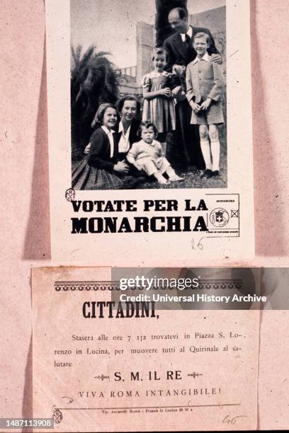 Umberto di savoia, maria jose and the princes in the gardens of the quirinale, manifesto 'voted for the monarchy', image by federico patellani, 1946.