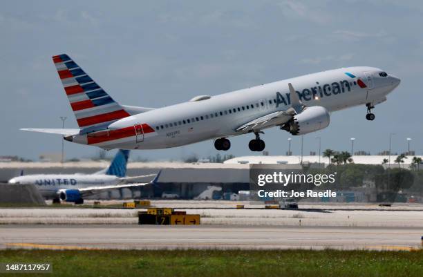An American Airlines plane takes off from the Miami International Airport on May 02, 2023 in Miami, Florida. American Airlines pilots voted...