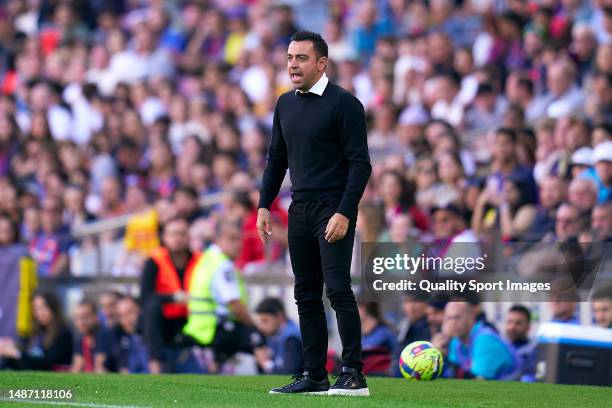 Xavi Hernandez, head coach of FC Barcelona during the LaLiga Santander match between FC Barcelona and CA Osasuna at Spotify Camp Nou on May 02, 2023...