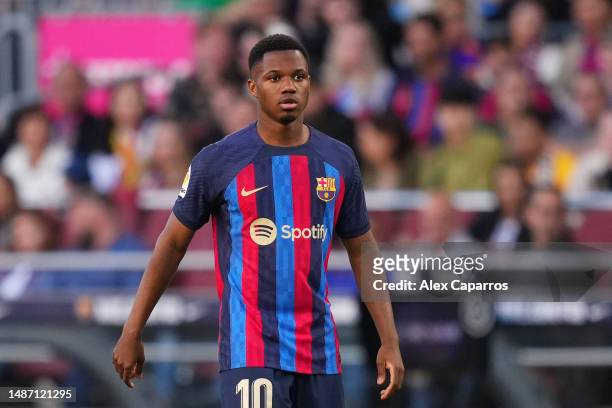 Ansu Fati of FC Barcelona looks on during the LaLiga Santander match between FC Barcelona and CA Osasuna at Spotify Camp Nou on May 02, 2023 in...