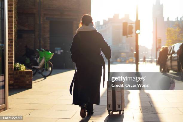 rear view of business woman carrying luggage in the city - adventure stock pictures, royalty-free photos & images