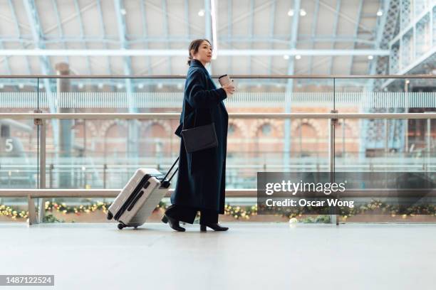 side view of business woman carrying luggage at train station - carrying luggage stock pictures, royalty-free photos & images