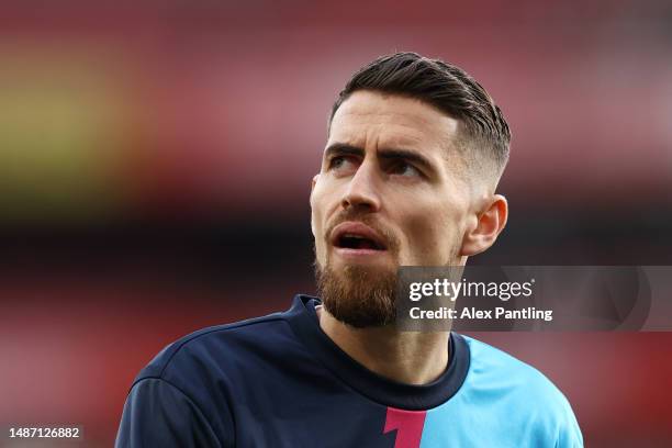 Jorginho of Arsenal looks on during the warm up prior to the Premier League match between Arsenal FC and Chelsea FC at Emirates Stadium on May 02,...