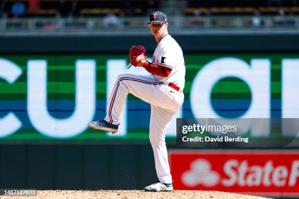 Emilio Pagan of the Minnesota Twins delivers a pitch against the New York Yankees in the ninth inning at Target Field on April 26, 2023 in...