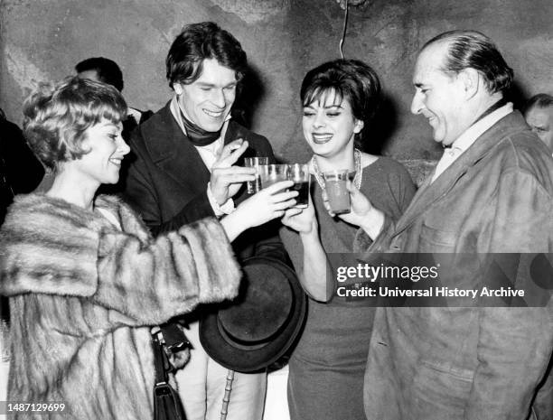 Martine Carol, Laurent Terzieff, Sandra Milo and Roberto Rossellini, Rome 1961.