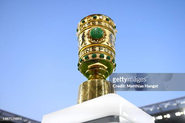 Detailed view of the DFB-Pokal trophy is seen prior to the DFB Cup semifinal match between Sport-Club Freiburg and RB Leipzig at Europa-Park Stadion...