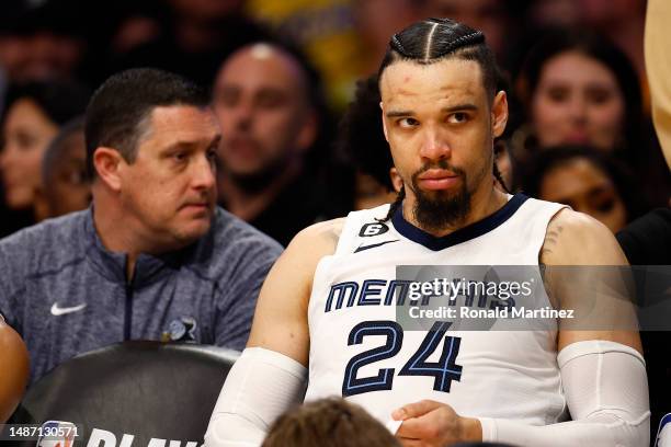 Dillon Brooks of the Memphis Grizzlies sits on the bench against the Los Angeles Lakers in the second half in Game Six of the Western Conference...