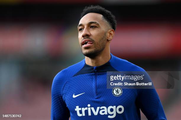 Pierre-Emerick Aubameyang of Chelsea looks on as they warm up prior to the Premier League match between Arsenal FC and Chelsea FC at Emirates Stadium...