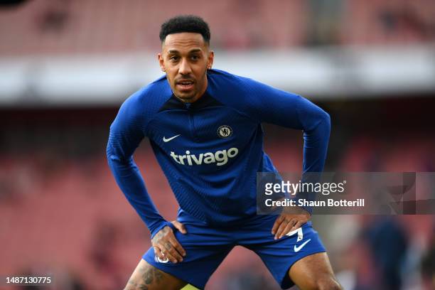 Pierre-Emerick Aubameyang of Chelsea looks on as they warm up prior to the Premier League match between Arsenal FC and Chelsea FC at Emirates Stadium...