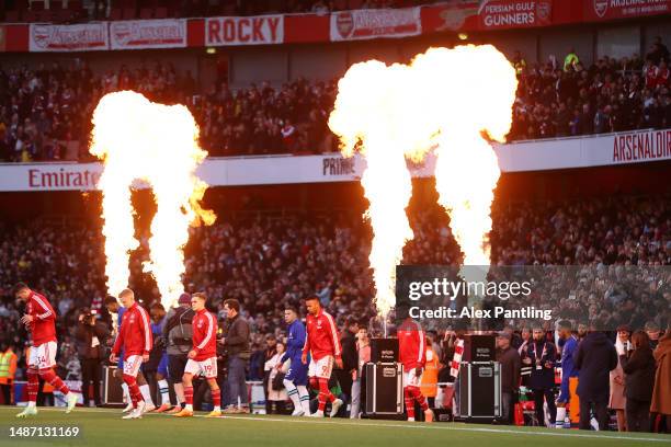 General view as players of Arsenal and Chelsea walk out of the tunnel, through a Pyrotechnics Display, prior to the Premier League match between...