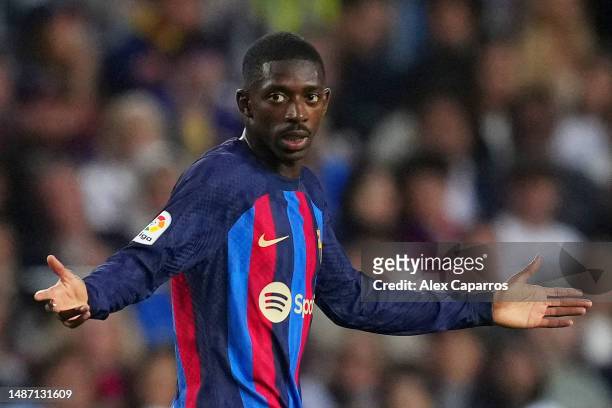 Ousmane Dembele of FC Barcelona reacts during the LaLiga Santander match between FC Barcelona and CA Osasuna at Spotify Camp Nou on May 02, 2023 in...