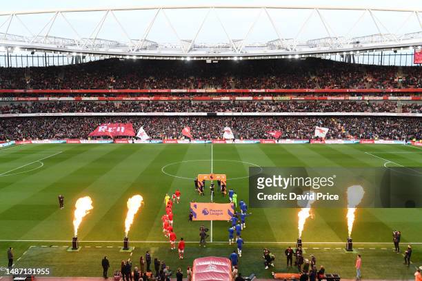 General view of players of Arsenal and Chelsea walking out onto the pitch prior to the Premier League match between Arsenal FC and Chelsea FC at...