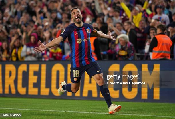 Jordi Alba of FC Barcelona celebrates after scoring the team's first goal during the LaLiga Santander match between FC Barcelona and CA Osasuna at...