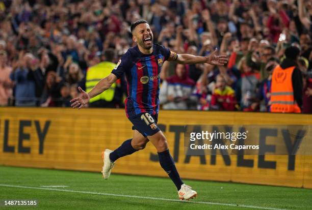 Jordi Alba of FC Barcelona celebrates after scoring the team's first goal during the LaLiga Santander match between FC Barcelona and CA Osasuna at...
