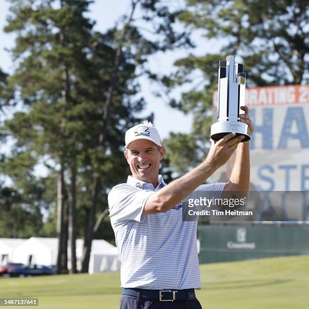 Steven Alker of New Zealand poses with the trophy after winning the Insperity Invitational at The Woodlands Golf Club on April 30, 2023 in The...