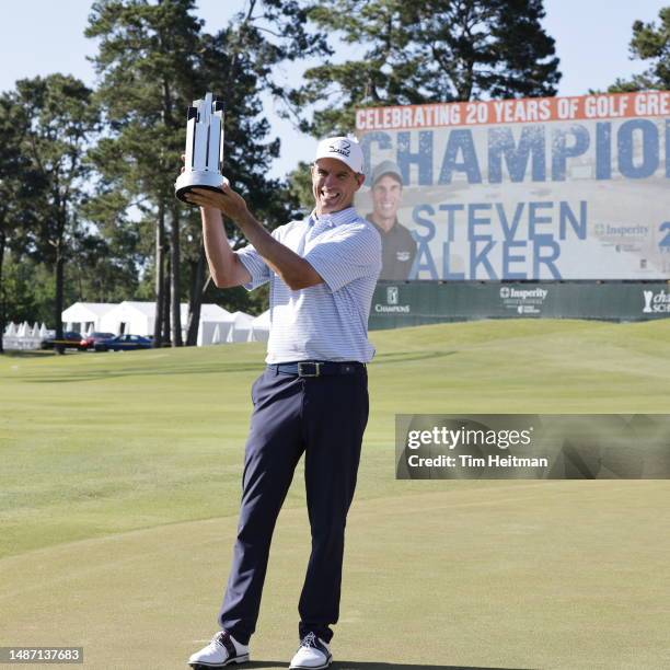 Steven Alker of New Zealand poses with the trophy after winning the Insperity Invitational at The Woodlands Golf Club on April 30, 2023 in The...