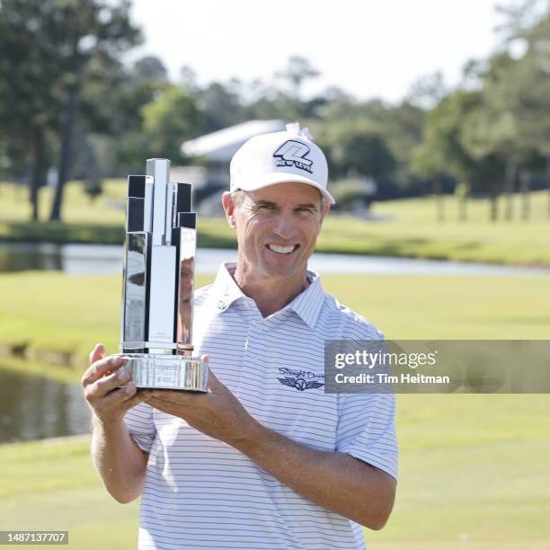 Steven Alker of New Zealand poses with the trophy after winning the Insperity Invitational at The Woodlands Golf Club on April 30, 2023 in The...