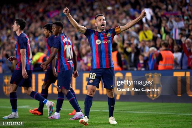 Jordi Alba of FC Barcelona celebrates after scoring his team's first goal during the LaLiga Santander match between FC Barcelona and CA Osasuna at...