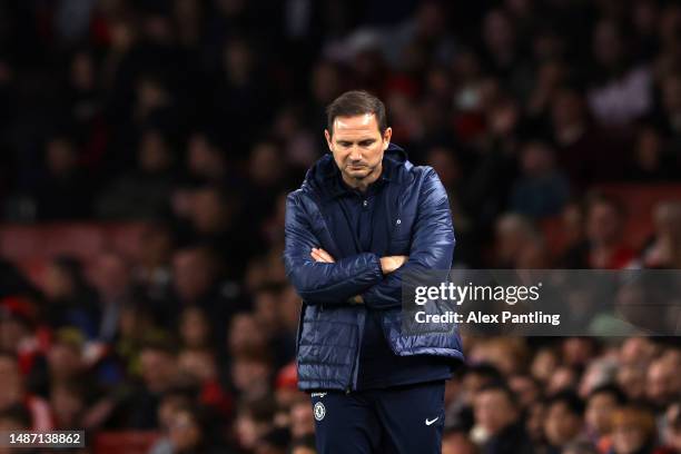 Frank Lampard, Caretaker Manager of Chelsea, looks dejected during the Premier League match between Arsenal FC and Chelsea FC at Emirates Stadium on...