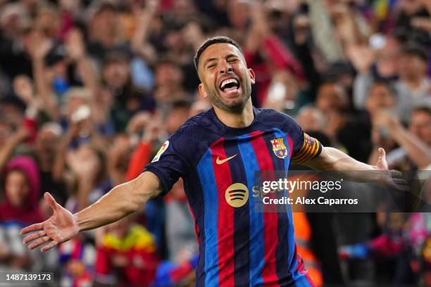 Jordi Alba of FC Barcelona celebrates after scoring the team's first goal during the LaLiga Santander match between FC Barcelona and CA Osasuna at...