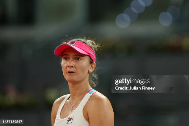 Irina-Camelia Begu of Romania looks on against Maria Sakkari of Greece during the Women's Singles Quarter-Final match on Day Nine of the Mutua Madrid...