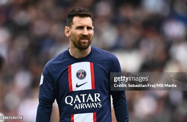 Lionel Messi of PSG during the Ligue 1 match between Paris Saint-Germain and FC Lorient at Parc des Princes on April 30, 2023 in Paris, France.