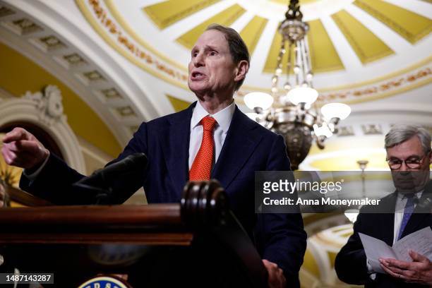 Sen. Ron Wyden speaks during a press conference following a luncheon with Senate Democrats in the U.S. Capitol Building May 02, 2023 in Washington,...