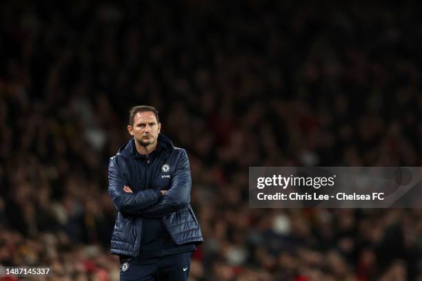 Frank Lampard, Caretaker Manager of Chelsea, looks on during the Premier League match between Arsenal FC and Chelsea FC at Emirates Stadium on May...