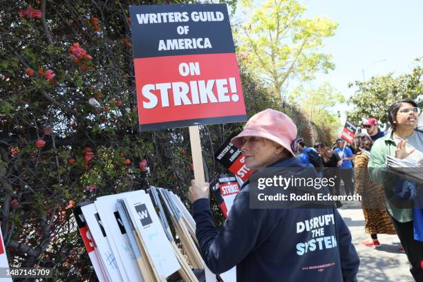 Frances Fisher and members of the Writers Guild of America and its supporters picket outside of CBS Television City on May 02, 2023 in Los Angeles,...