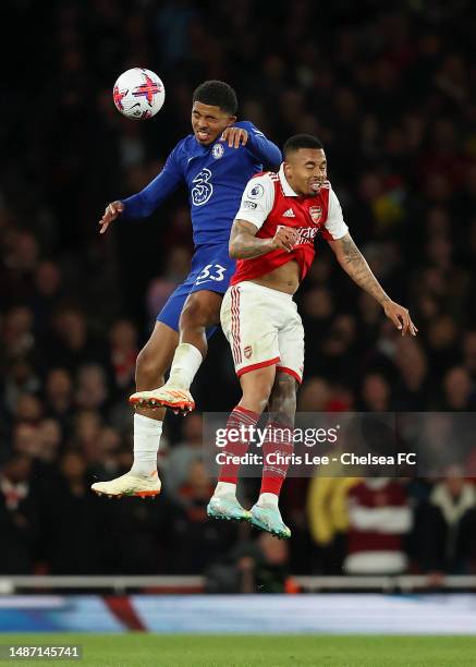 Wesley Fofana of Chelsea contends for the aerial ball with Gabriel Jesus of Arsenal during the Premier League match between Arsenal FC and Chelsea FC...