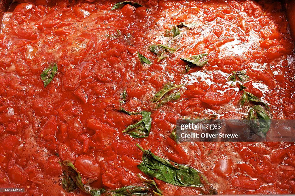 Home made tomatoe sauce with basil leaves.