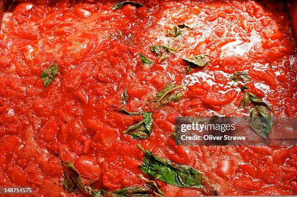 home made tomatoe sauce with basil leaves. - sauce tomate stock pictures, royalty-free photos & images