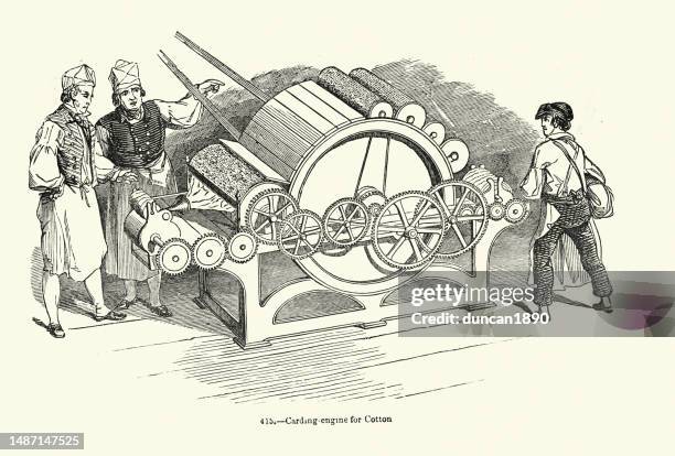 carding engine machine used in processing of cotton, history of the textile industry, industrial revolution, victorian 19th century, 1850s - modern industrial revolution stock illustrations