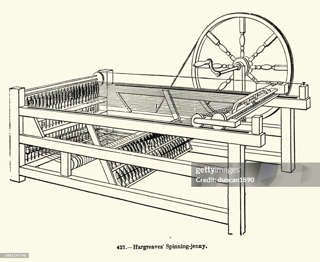 James Hargreaves's Spinning jenny a multi-spindle spinning frame, History of the textile industry, Industrial revolution, Victorian 19th Century, 1850s