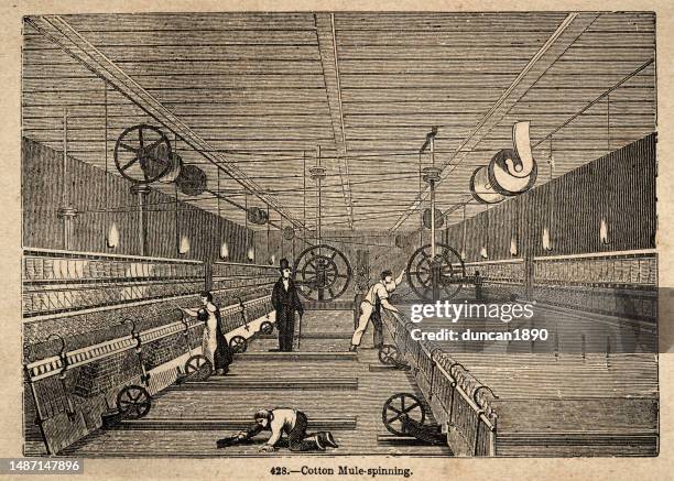 people working in a cotton factory, mule spinning, history of the textile industry, industrial revolution, victorian 19th century, 1850s - loom stock illustrations