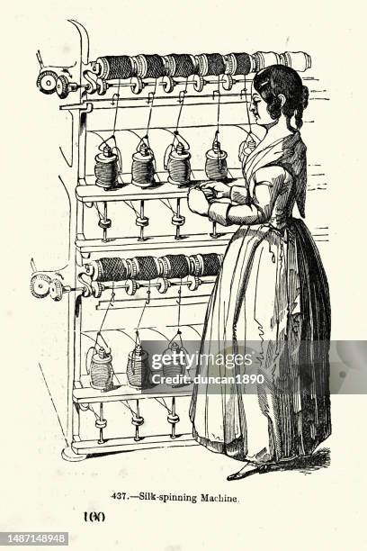 woman working in a silk factory using spinning machine, history of the textile industry, victorian 19th century, 1850s - spool stock illustrations