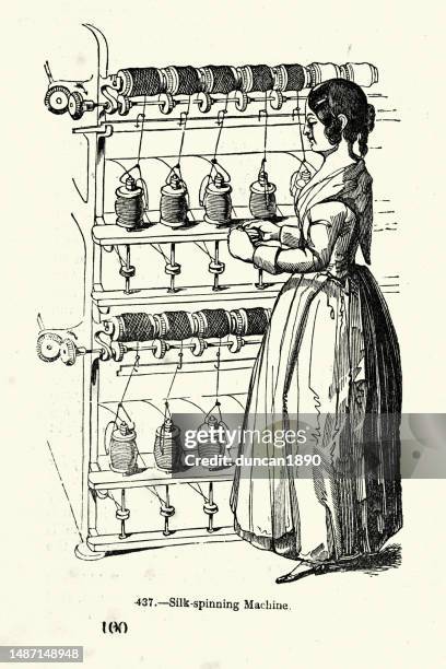 woman working in a silk factory using spinning machine, history of the textile industry, victorian 19th century, 1850s - modern industrial revolution stock illustrations