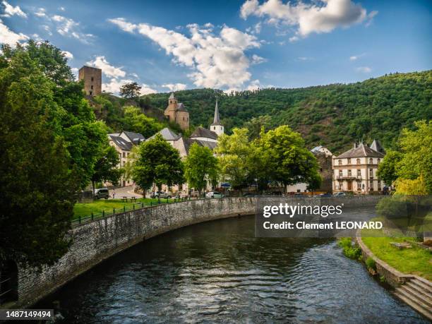 view of esch-sur-sure (esch-sauer) old town with river sure (sauer), luxembourg - luxembourg benelux stock-fotos und bilder