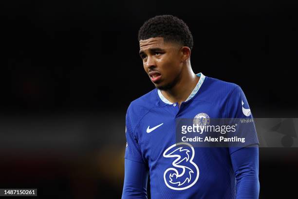 Wesley Fofana of Chelsea looks on during the Premier League match between Arsenal FC and Chelsea FC at Emirates Stadium on May 02, 2023 in London,...