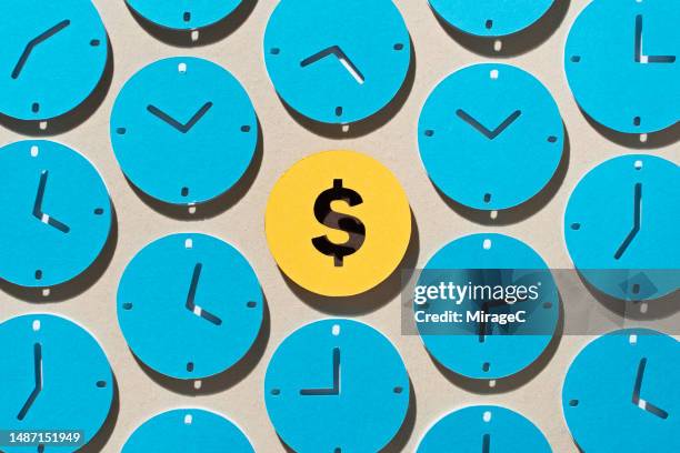 dollar sign surrounded by clocks, time is money concept - countdown concept stock pictures, royalty-free photos & images