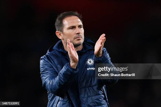 Frank Lampard, Caretaker Manager of Chelsea, applauds the fans after their side's defeat to Arsenal during the Premier League match between Arsenal...